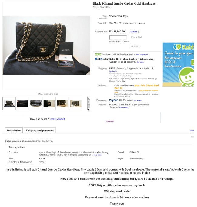 counterfeit designer Chanel handbag on Ebay