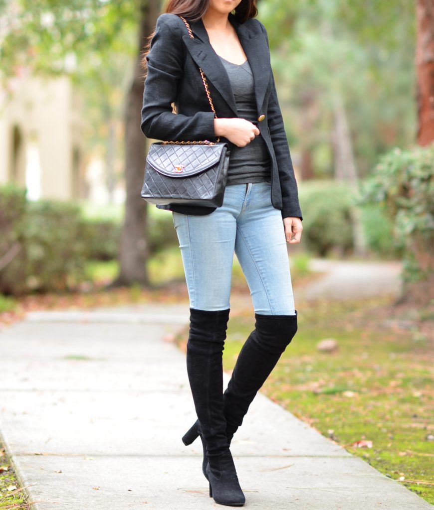 black fitted over the knee boots