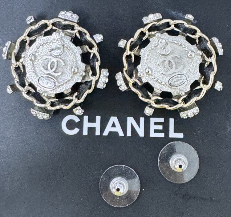 chanel circle cc leather chain earrings